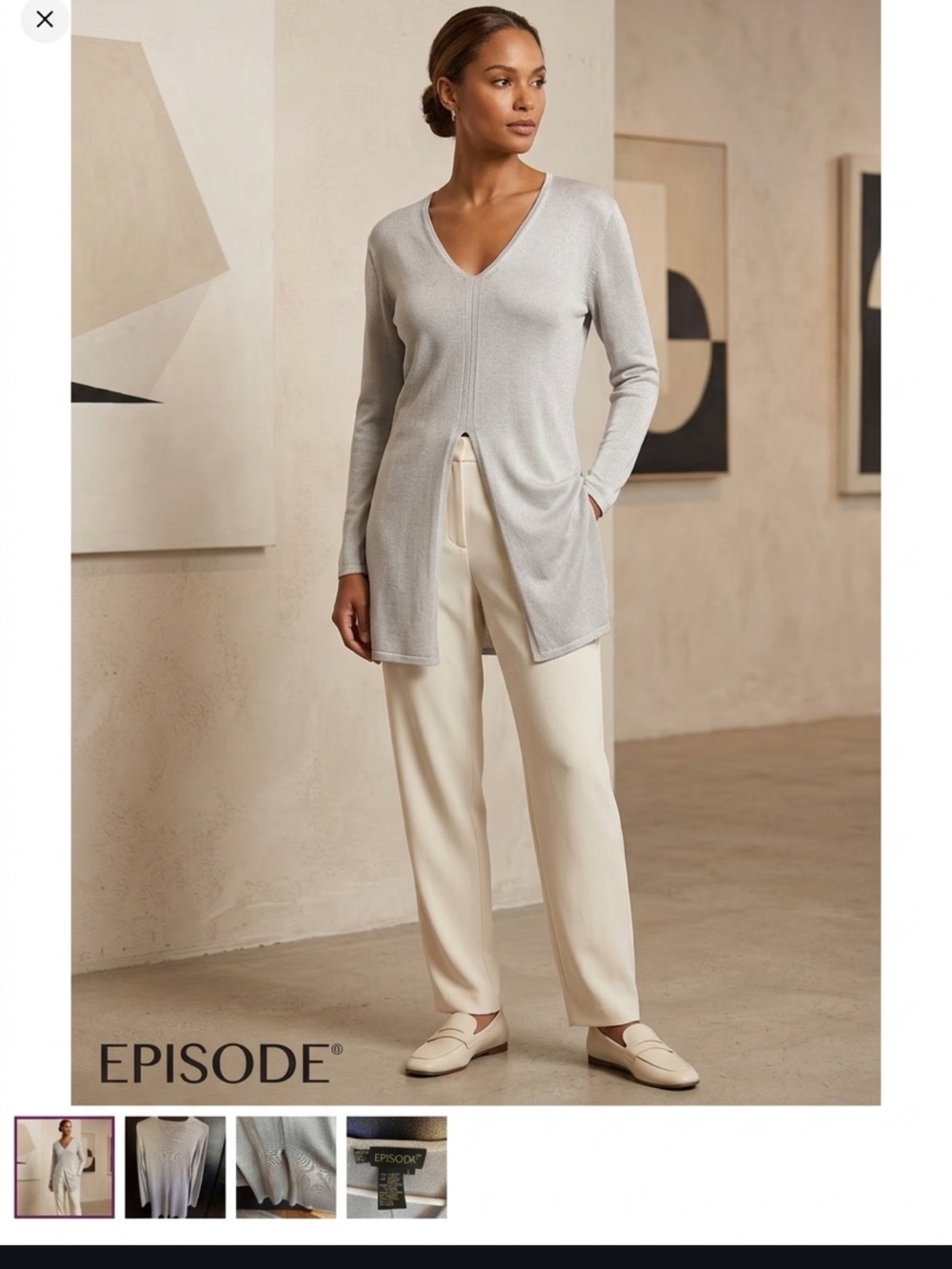 EPISODE Vintage 80s/90s Minimalist Light Gray V-Neck Long Tunic Split Front